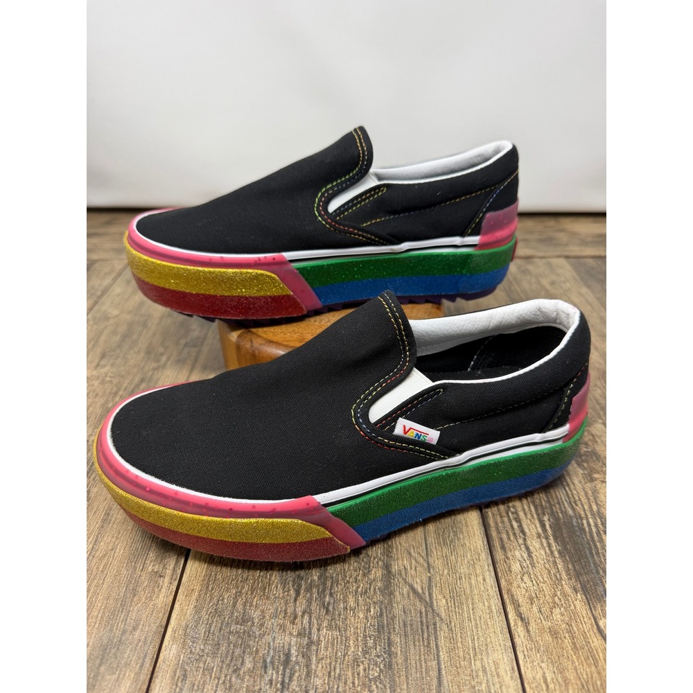 Vans Classic Slip-On Stacked Pride Rainbow Glitter Platform Black 6.5 W 5 M